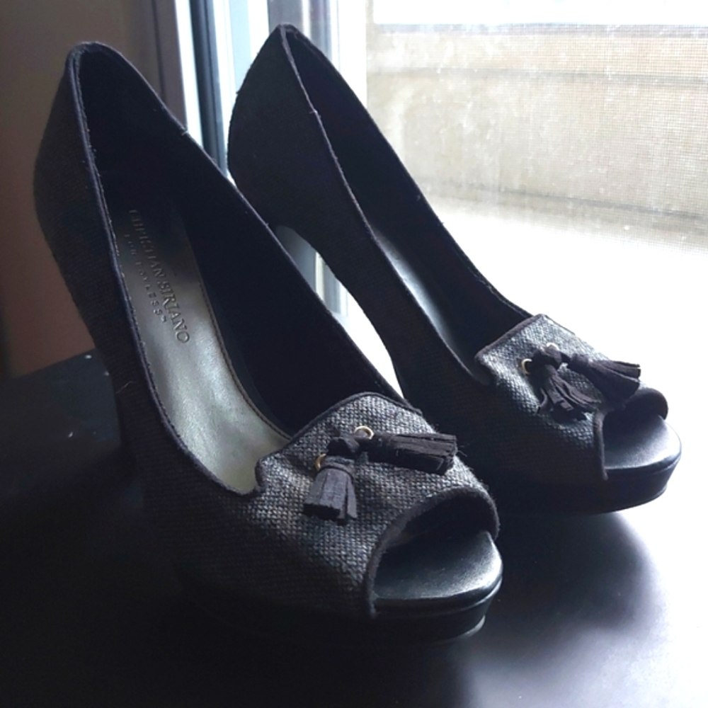 Gray Tweed Peep Toe Heel with Tassel
